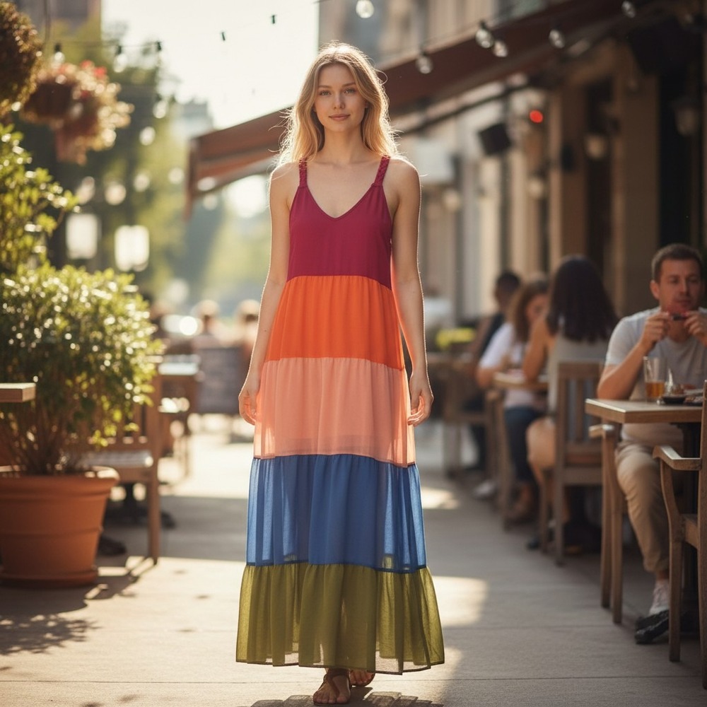 L'Atiste by Amy Colorblock Tiered Maxi Dress Pink Orange Blue Green Medium NWT